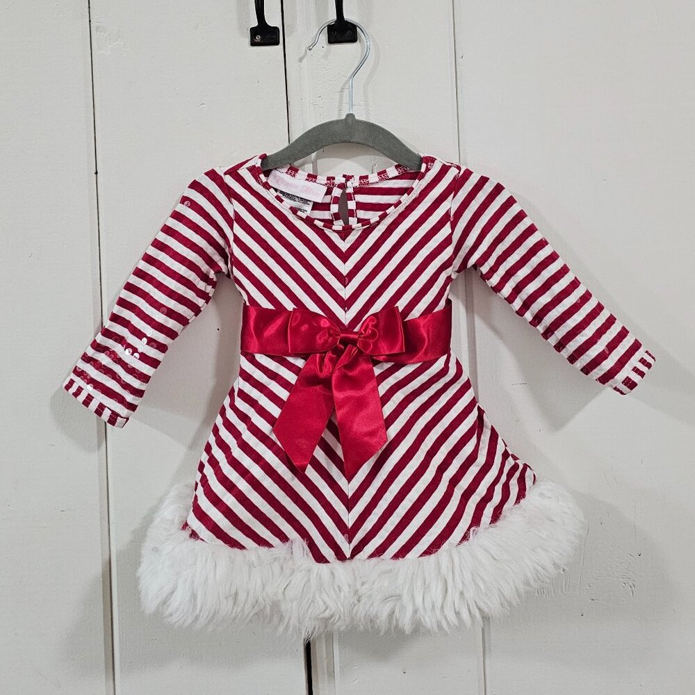 Bonnie Baby Baby Girl Red & White Stripe Long Sleeve Holiday Dress W/Fur 12 Mos.